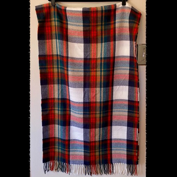 J Crew Factory Blanket Scarf 24" X 80" Fringe Red Green Blue White Tan Classic - Picture 6 of 7